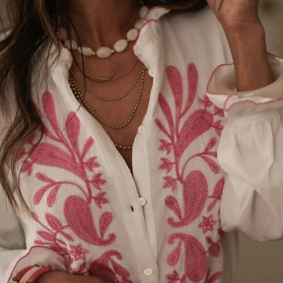 White Casual Womens Delicate Ruffle Hem Semi-Sheer Printed Blouse - Picture 4 of 5